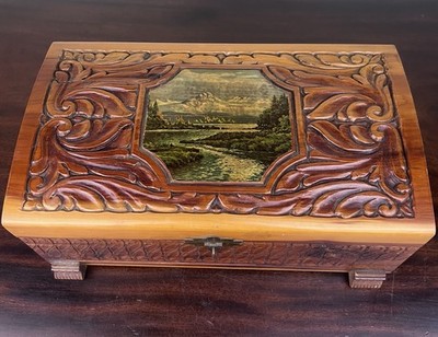 VTG Mid Century Carved Wooden Trinket Box Jewelry Treasures Cottage Core 10.75''