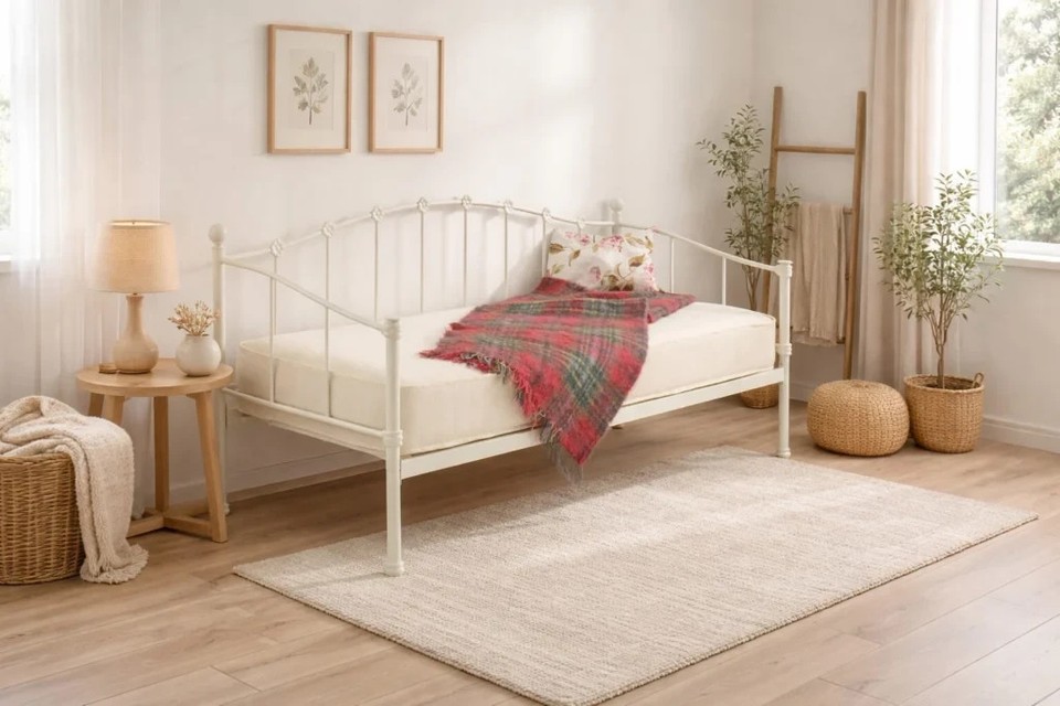 Comfy Living 3ft Single Paris Metal Day Bed & Trundle in White with 2 Standard Kerri Mattresses 11 Daybed with Under Bed Guest Trundle White Metal Day Bed 3ft Single, NO Mattress