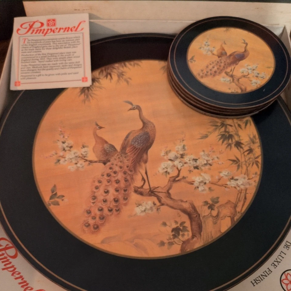 Pimpernel Deluxe Boxed Round Table 4 Place Mats and 4 Coasters - Peacock Design  - Image 2 of 4