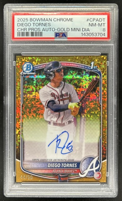 2025 Bowman Chrome Diego Tornes Auto Gold Mini Diamond Refractor 1st #/50 PSA 8