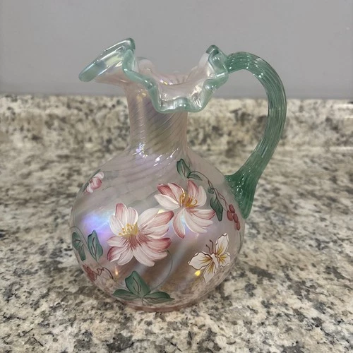 VTG Fenton Signature Pitcher Champagne Satin Sea Mist Green Signed Bill Fenton