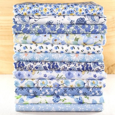 12 Sewing Crafts Blue Floral Cotton Quilting Fabric Squares Bundle Scraps DIY