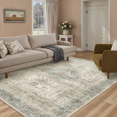 PureCozy 4x6 Brown Vintage Washable Thin Area Rug Traditional Distressed Floo...