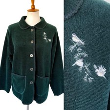Vtg Artisans Sunschein Green Embroidered Birds Pockets Button Up Knit Cardigan M