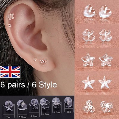 6 PAAR klare Kunststoff/Acryl transparent/Ohrstecker Arbeit/Schule unsichtbar UK