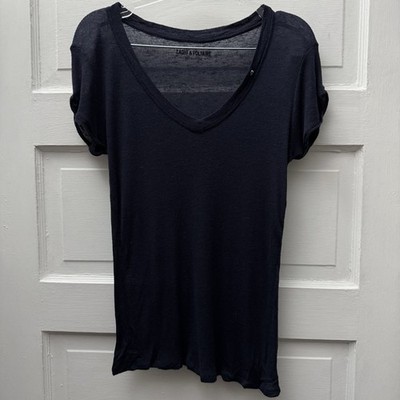 Zadig & Voltaire Navy Linen V Neck Tee Shirt Skull Detail Semi Sheer XS