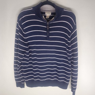 L.L.Bean Men s M Blue White Striped Cotton Knit 1/4 Zip Mock Neck Sweater
