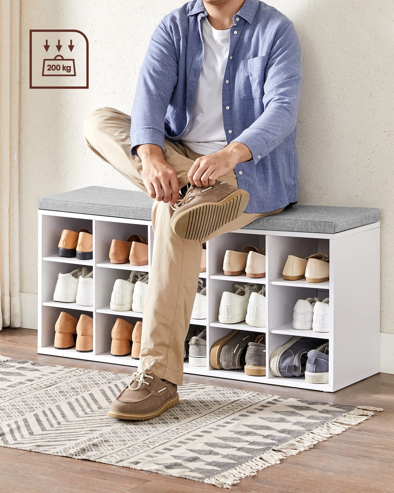 Banc à chaussures blanc à 15 compartiments ouverts pour entrée moderne