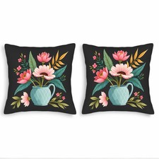 Set of 2 Throw Pillow Covers 18x18in -Floral Design with Light Blue Pink Flowers