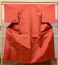 Relaxing Salmon Pink Kasuri Silk Kimono, Single Layer, Used