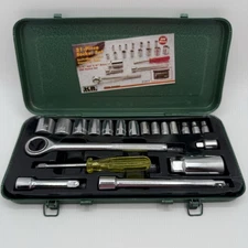 Vintage KR Tools 21-piece 1/4” 3/8" SAE Socket Set with Green Metal Box