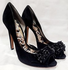 Sam Edelman LORNA Black Suede Heel Stud Rhinestone Peep Toe Bow Pump 10 M New