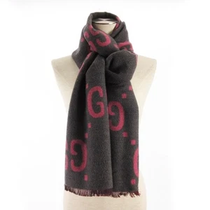 Écharpe silencieux GUCCI GG jacquard franges laine soie rose gris Italie 558007 3G636