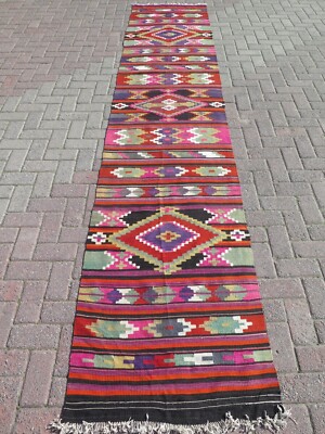 Geometric Turkish Vintage Long Runner, Multicolored Handmade Wool Rug 30''x152''