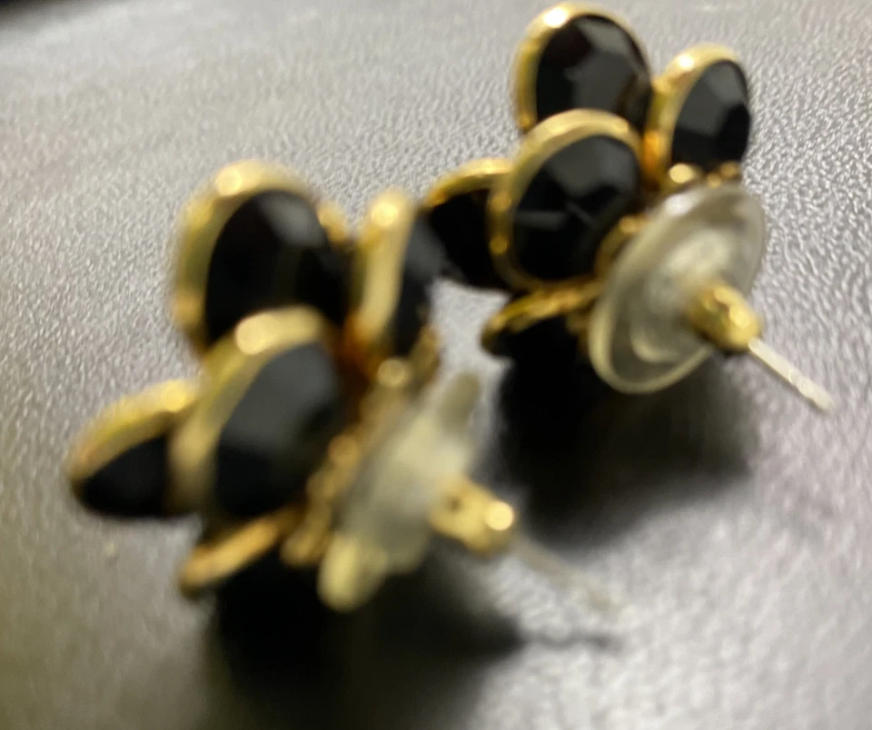 Swarovski Black Gold Bezel Crystal Flower Pierced Earrings w/ Rhinestone Center  - Image 2 of 4