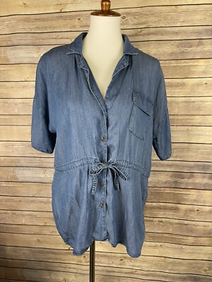 Alice Blue Medium Chambray Blouse Gathered Waist Button Front Top