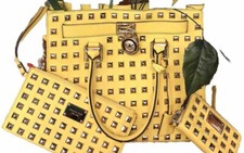 Michael Kors Yellow Pyramid Studded Purse Bag Wristlet Wallet Leather Set