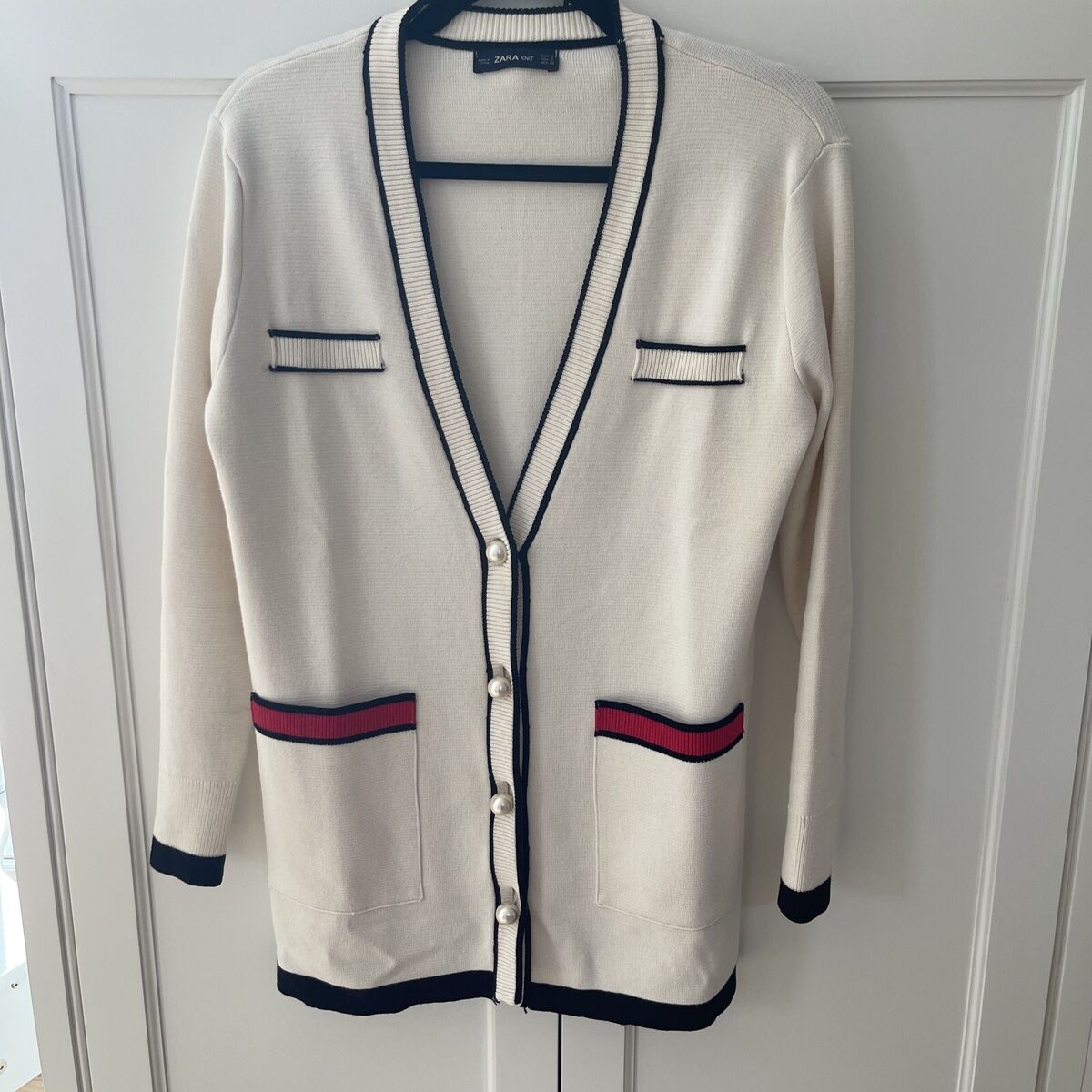 Zara Womens Color Block Long Cardigan Size Small Red, Ivory Zara Womens Color Block Long Cardigan Size Small Red, Ivory