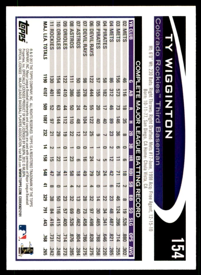 2012 TOPPS TY WIGGINTON COLORADO ROCKIES #154 - Image 2 of 2