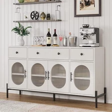 62'' Buffet Cabinet Home Storage Cabinet with 3 Drawers and 4 Fluted Glass Doors