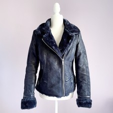 Lakeland Size Small Uk 10 Us 6 Blue Faux Fur Shearling Sherpa Moto Jacket Biker