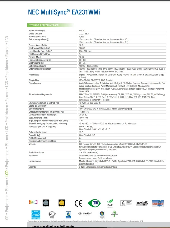 NEC MultiSync EA231WMI LED Monitor Full HD TFT-IPS Panel 1920 x 1080 - Bild 4 von 4