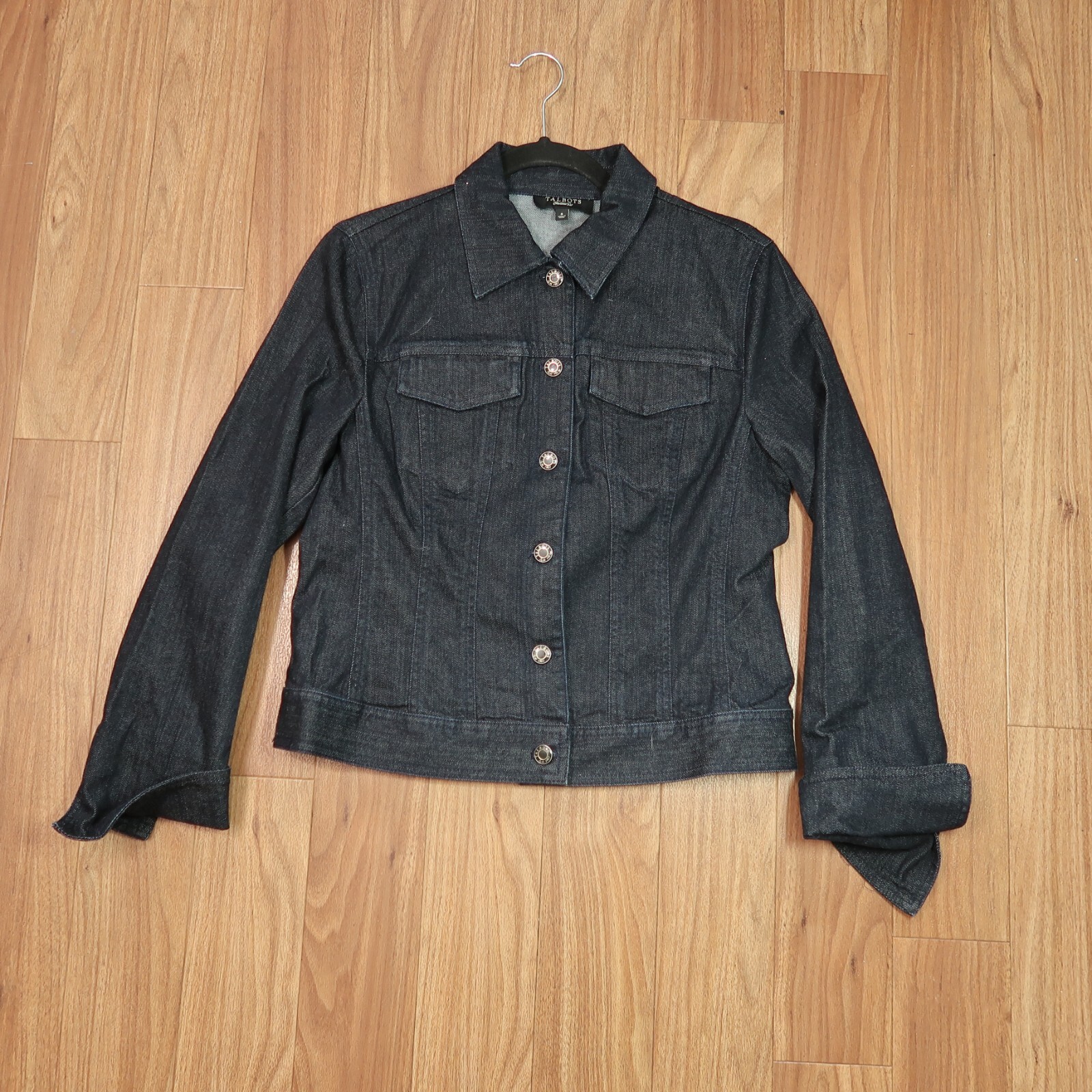 Talbots Denim Jacket Women's 4 Navy Dark Wash Flip Cuff Cotton Blend Pockets-image