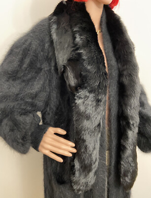 VTG. 80'S MILANO BLACK ANGORA W/FOX FUR SWING OVERCOAT - SZ L/XL