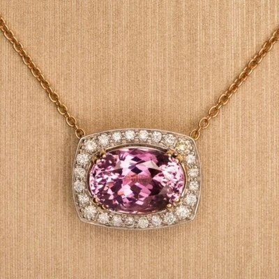 Collar Infije En Oro Rosa 18k con Diamante T Brillante Y Kunzita Rosa Ovalados - Imagen 1 de 4