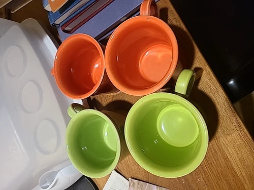 Set 4 Vtg Apple Green Salmon Fiesta Ware Coffee Mugs Ring Handle Homer Laughlin