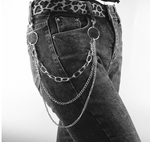 Men Trousers Pant Metal Chain Belt Punk 