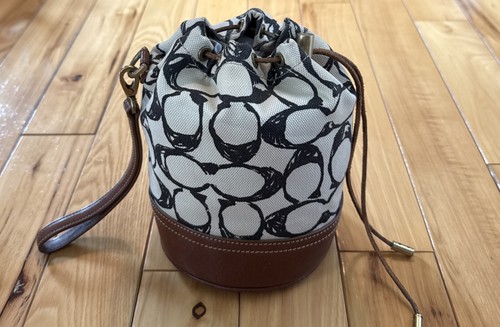 COACH Signature Monogram Jacquard Canvas Leather Bucket Bag Drawstring Multi