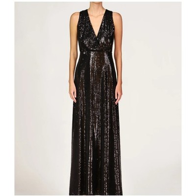 Halston Sequin Maxi Gown Black V-Neck Sleeveless Formal Dress Womens 10 Excellen