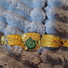 Vintage Salvador Teran Aztek Green Ceramic Mask Gold Tone Bracelet