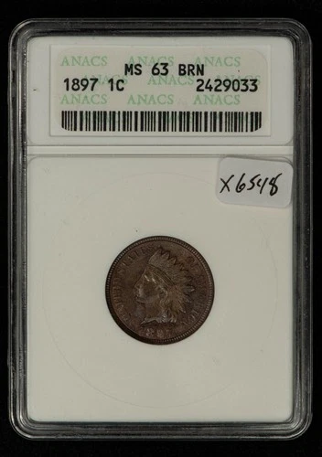 1897 1c Indian Head Small Cent - Brown - Soapbox ANACS MS 63 BRN - SKU-X6548