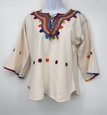 Vintage 60s Mexican Blouse Top Peasant Embroidered Floral Folkwear Art Frida