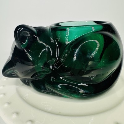 Indiana Glass Emerald Green Kitten / Cat Votive Candle Holder #3865 / label