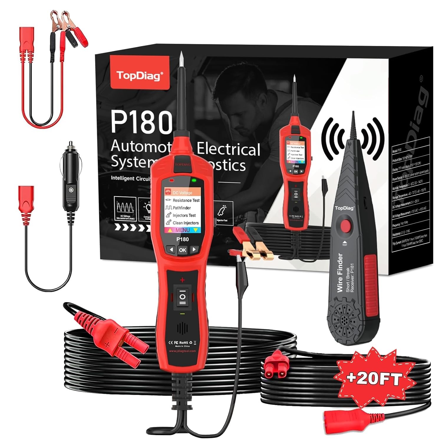 Topdiag P180 Automotive Circuit Breaker Finder & Battery Tester, 9V–30V, 40FT