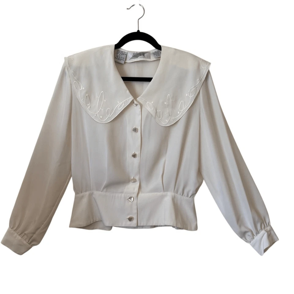 Vintage Josephine Ivory Embroidered Peplum Blouse Sz 10 Old Money, Elegant — 第 2/4 张图片