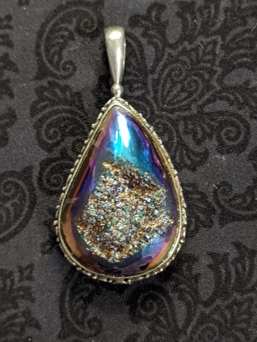 Rainbow Mystic Quartz Sterling Silver .925 Pendant Signed Bajan Barbados 2" Long