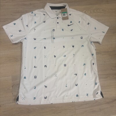 Nike Golf Polo Shirt Mens M White Dri-Fit Animals All Over Print Short Sleeve