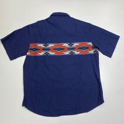 Vintage Rustler Wrangler Western Shirt Mens L Blue Aztec Short