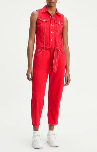 Red Denim Cropped Romper Jumpsuit Size 