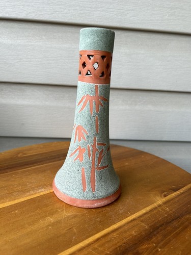 Bamboo Green Lava Textured Terracotta Pottery Incense Holder 8" Asian