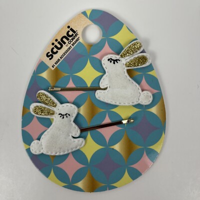 Scunci Bunny Rabbit Bobby Pins Felt Gold Glitter White Easter 2 Pcs