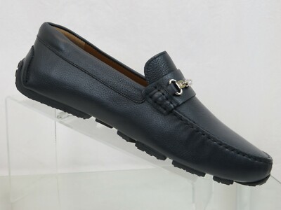 BALLY PITAVAL BLUE GRAINED LEATHER WEB PLATE LOGO DRIVER 