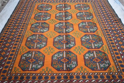 Orange Hand Knotted Afghan Tribal Bukhara Area Rug 7x10 Oriental