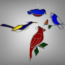 4 Vintage Leaded Stained Glass Sun-catchers Birds Cardinal Blue Birds