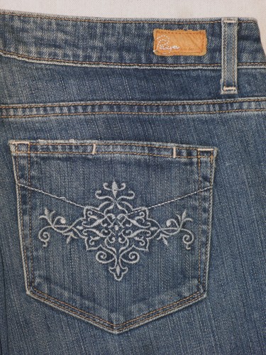Paige Laurel Canyon Low Bootcut Jeans Wm Sz 32 Blue Distressed w Stretch L28.5 - Picture 3 of 10