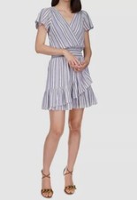 $155 Michael BY Michael Kors Women's Blue Striped Faux Wrap Dress Size S